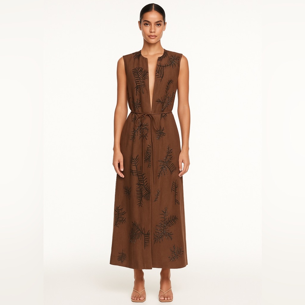NWT. Zara ZW Collection Brown Long Embroidered Open Front Vest. Size S.